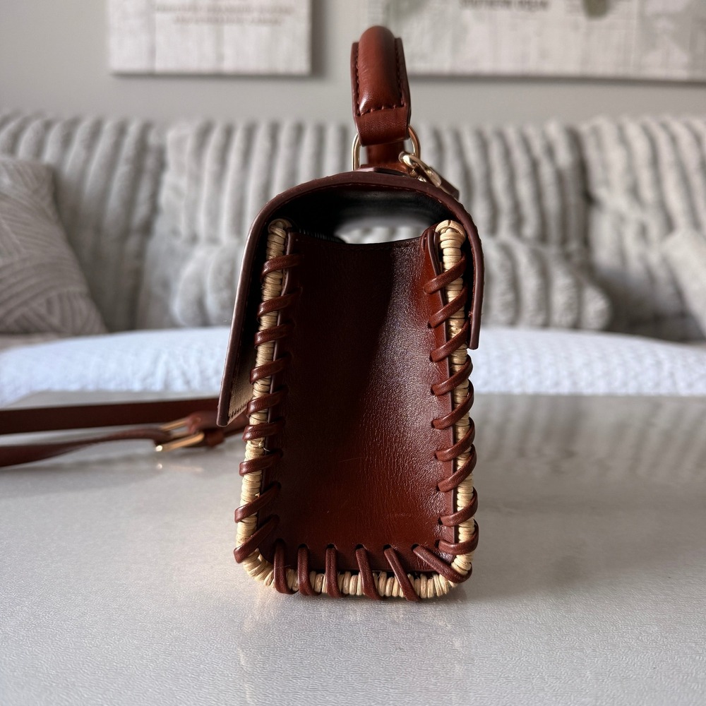 J.Crew Leather and Wicker Mini Satchel Crossbody Bag Brown Tan Whipstitch - Picture 2 of 7